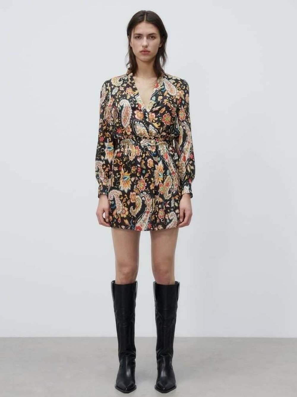 Zara Black Paisley Mini Dress with Multicolor Floral Print